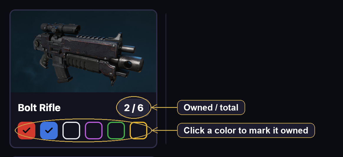 A weapon card with a colored dot for each skin and an owned-of-total count